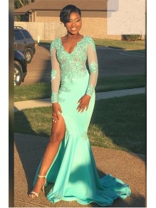 Mermaid Long Sleeves V-Neck Lace Long Prom Dress Formal Evening Dresses 99501459