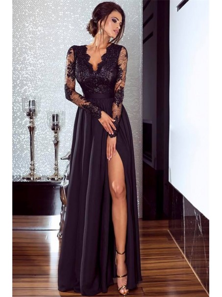 A-Line Long Sleeves Lace Chiffon Long Prom Dress Formal Evening Dresses 99501462