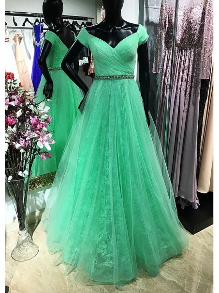A-Line Off-the-Shoulder Lace Tulle Long Prom Dress Formal Evening Dresses 99501469