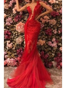 Mermaid Lace and Tulle Long Red Prom Dress Formal Evening Dresses 99501471