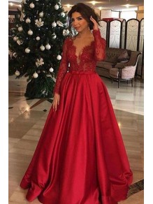 A-Line Long Sleeves V-Neck Lace Satin Red Prom Dress Formal Evening Dresses 99501482