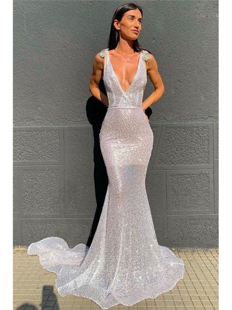 Mermaid V-Neck Sparkling Long Prom Dress Formal Evening Dresses 99501501