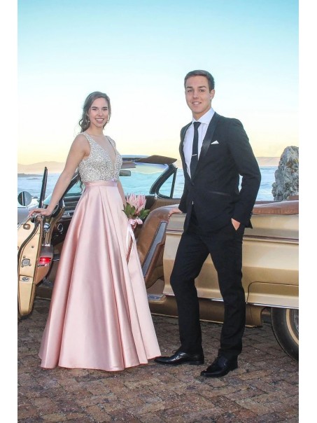A-Line Beaded Satin V-Neck Long Prom Dress Formal Evening Dresses 99501517 A-Line Beaded Satin V-Neck Long Prom Dress Formal Evening Dresses 99501517