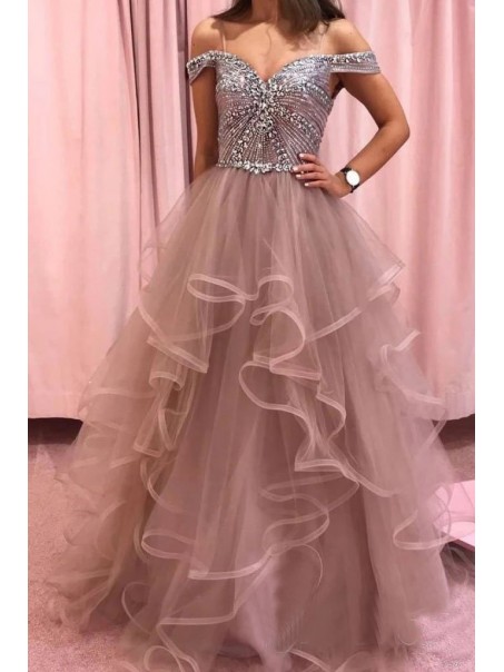 A-Line Beaded Tulle Off-the-Shoulder Long Prom Dress Formal Evening Dresses 99501538 A-Line Beaded Tulle Off-the-Shoulder Long Prom Dress Formal Evening Dresses 99501538