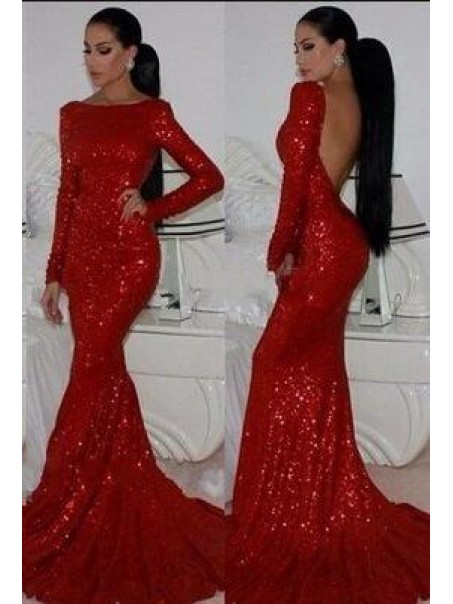 Mermaid Long Sleeves Sparkle Red Long Prom Dress Formal Evening Dresses 99501568