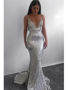 Mermaid Sparkle V-Neck Long Prom Dress Formal Evening Dresses 99501606
