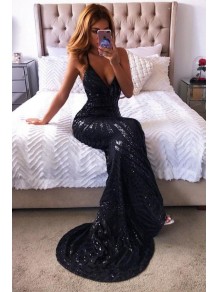Mermaid V-Neck Sparkle Long Black Prom Dress Formal Evening Dresses 99501635