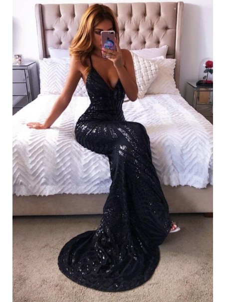 Mermaid V-Neck Sparkle Long Black Prom Dress Formal Evening Dresses 99501635