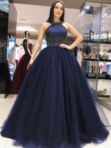 Ball Gown Beaded Long Navy Blue Prom Dress Formal Evening Dresses 99501662
