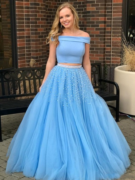 A-Line Two Pieces Beaded Long Prom Dress Formal Evening Dresses 99501667