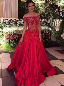 A-Line Beaded Lace Off-the-Shoulder Long Prom Dress Formal Evening Dresses 99501690