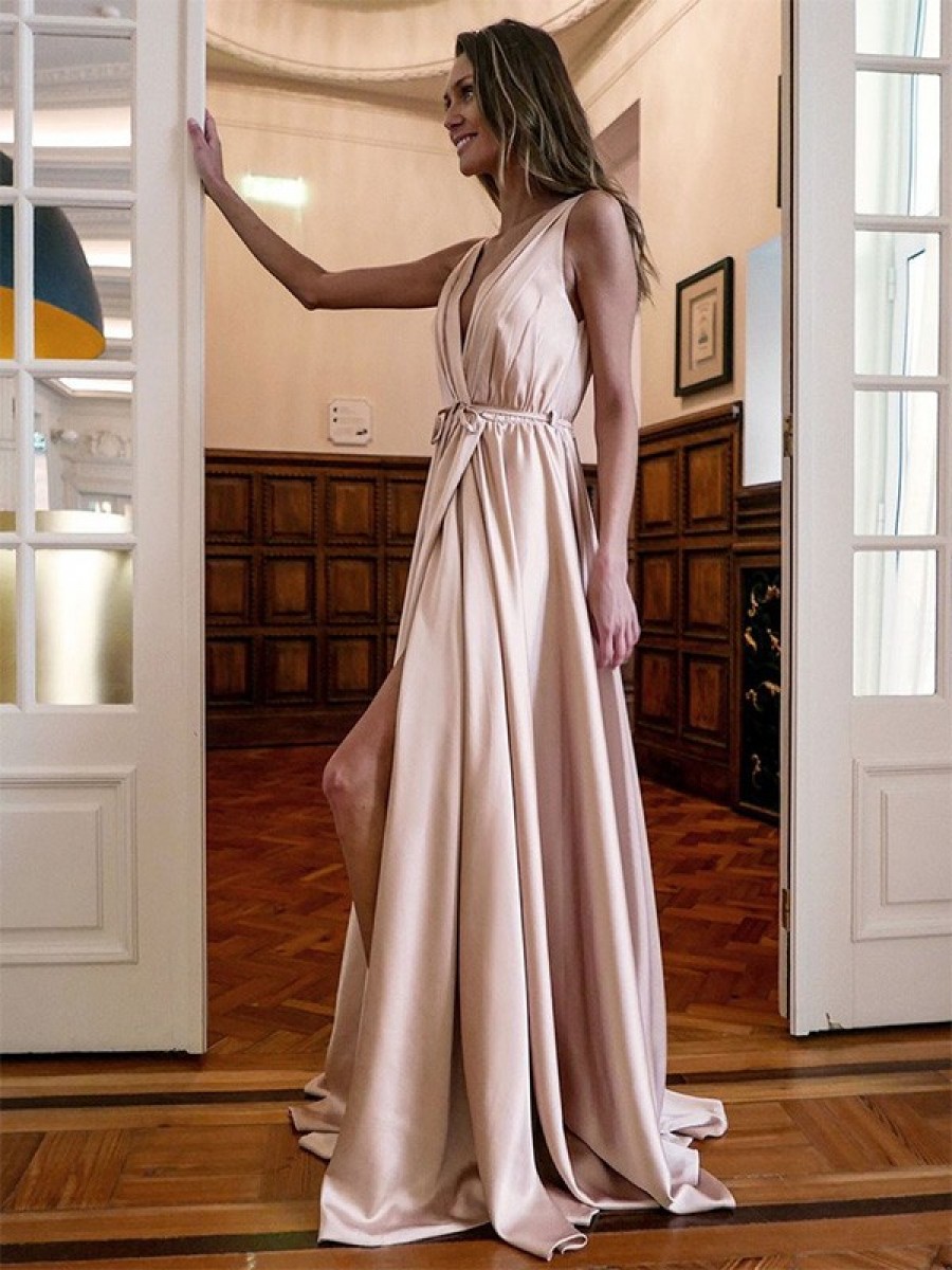 A line V neck lace long prom dress main image 0