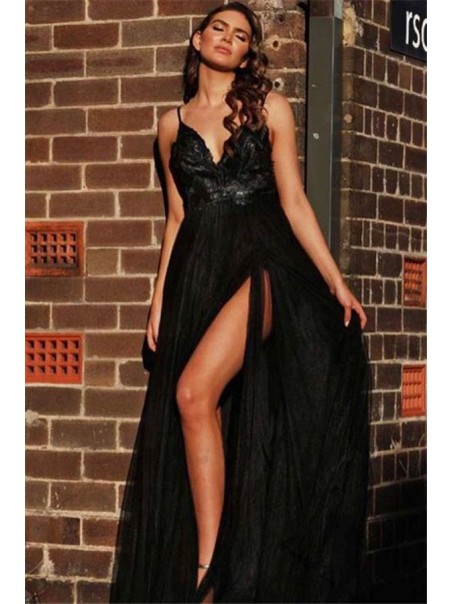 A-Line Long Black Lace Tulle V-Neck Long Prom Dress Formal Evening Dresses 99501771