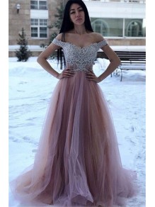 A-Line Beaded Lace Tulle Off-the-Shoulder Long Prom Dress Formal Evening Dresses 99501790