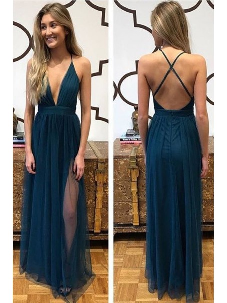 A-Line Tulle V-Neck Long Prom Dress Formal Evening Dresses 99501797
