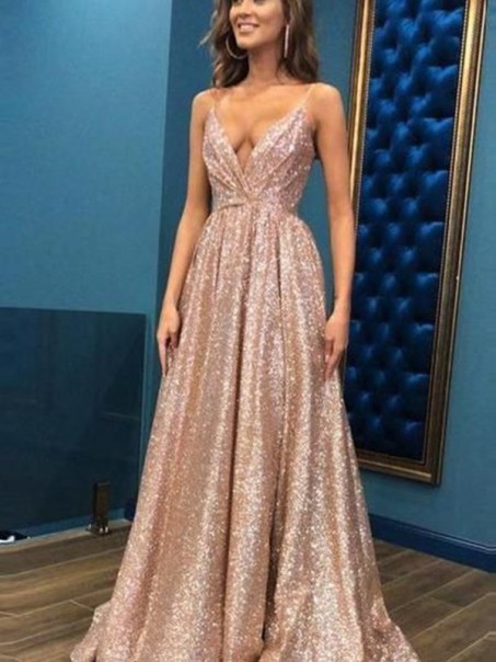 A-Line V-Neck Sequins Long Prom Dress Formal Evening Dresses 99501803