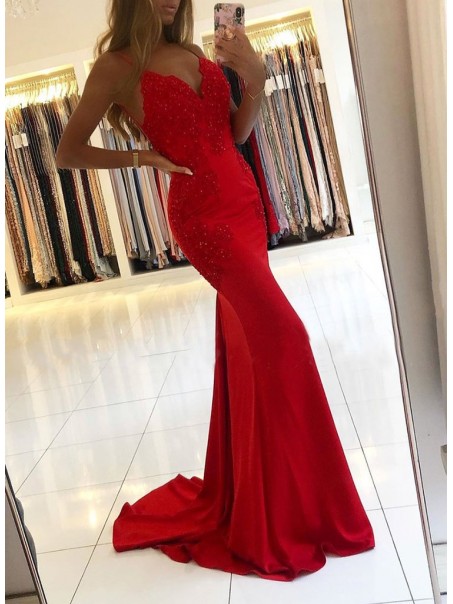 Elegant Mermaid Beaded Lace Long Red Prom Dress Formal Evening Dresses 99501809