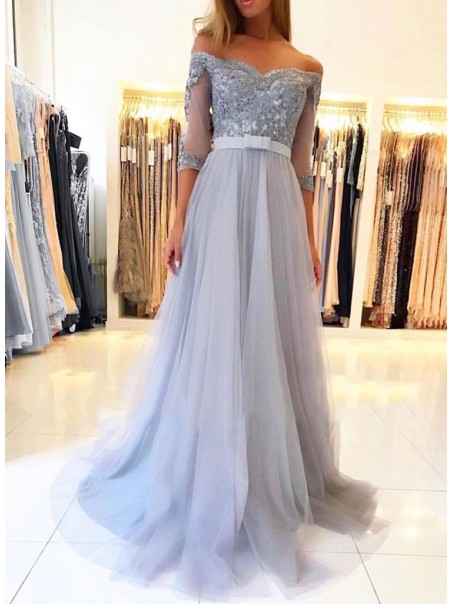 A-Line Off-the-Shoulder Lace Tulle Long Prom Dresses Formal Evening Gowns 99501815