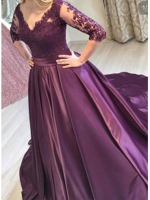 Ball Gown Lace V-Neck Long Prom Dresses Formal Evening Gowns 99501821