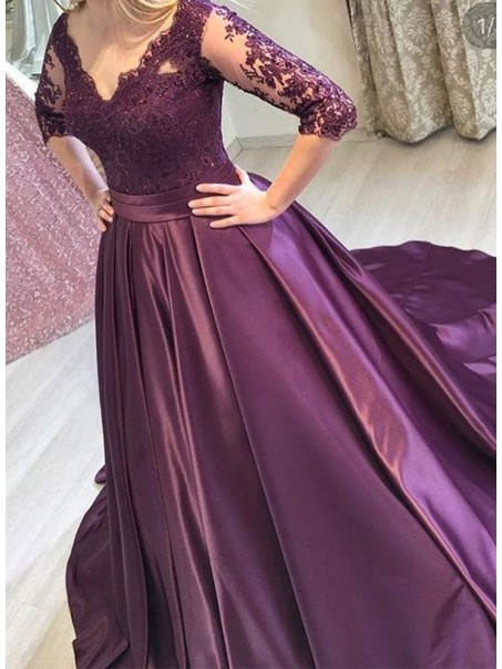 Ball Gown Lace V-Neck Long Prom Dresses Formal Evening Gowns 99501821
