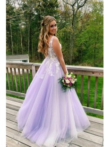 A-Line Lace Tulle V-Neck Long Prom Dresses Formal Evening Gowns 99501822
