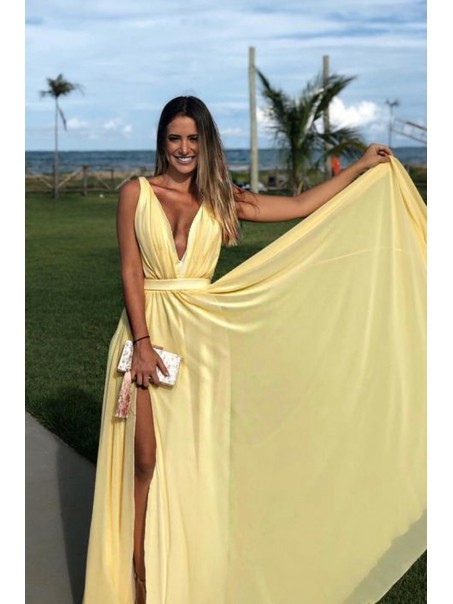 A-Line V-Neck Long Prom Dresses Formal Evening Gowns with Side Slit 99501823