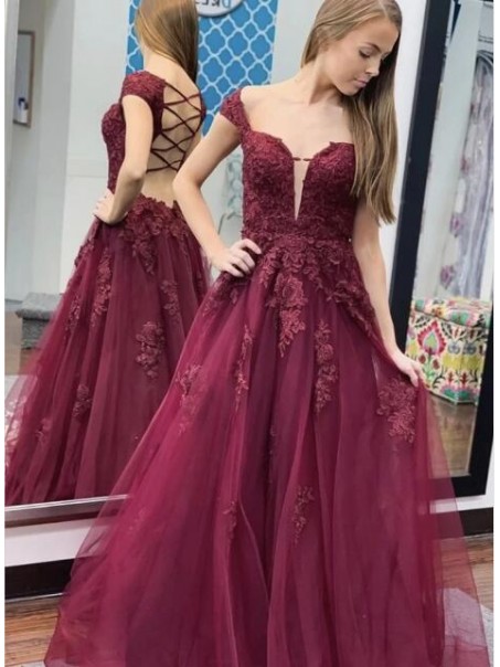 A-Line Lace Off-the-Shoulder Long Prom Dresses Formal Evening Gowns 99501828