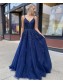 A-Line Spaghetti Straps Lace V-Neck Long Prom Dresses Formal Evening Gowns 99501831