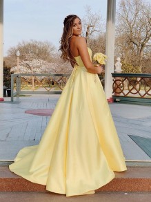 A-Line Spaghetti Straps V-Neck Long Prom Dresses Formal Evening Gowns With Pockets 99501835