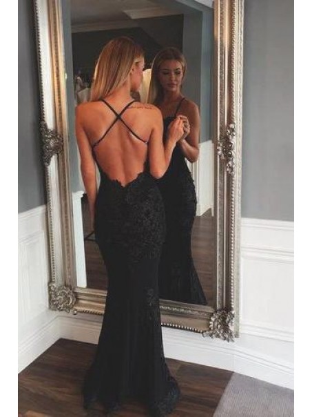 Long Black Lace Spaghetti Straps Prom Dresses Formal Evening Gowns 99501838