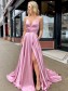 A-Line Spaghetti Straps V-Neck Long Prom Dresses Formal Evening Gowns with Pockets 99501847