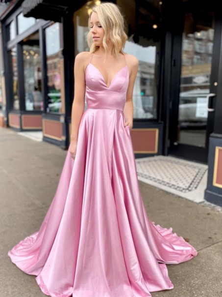 A-Line Spaghetti Straps V-Neck Long Prom Dresses Formal Evening Gowns with Pockets 99501847