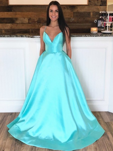 A-Line Spaghetti Straps V-Neck Long Prom Dresses Formal Evening Gowns with Pockets 99501848