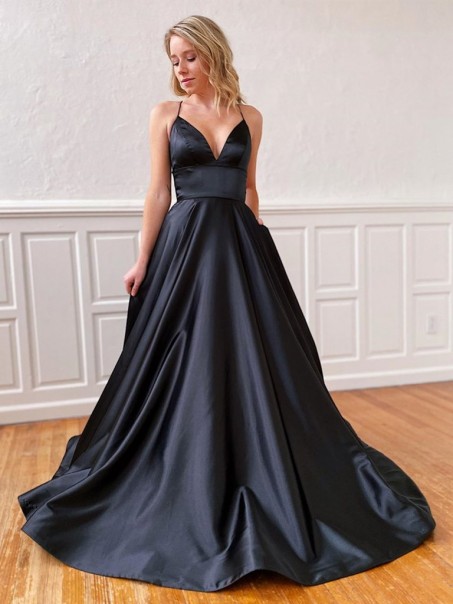 A-Line Spaghetti Straps V-Neck Long Black Prom Dresses Formal Evening Gowns 99501852
