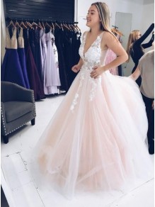 A-Line Sleeveless V-Neck Tulle Long Prom Dresses Formal Evening Gowns 99501869