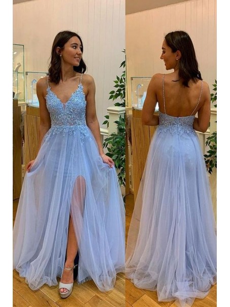 A-Line Lace Tulle V-Neck Long Prom Dresses Formal Evening Gowns 99501895
