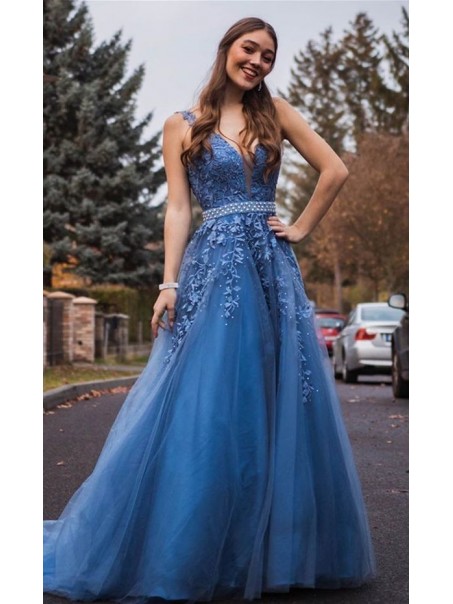 A-Line Beaded Lace V-Neck Long Prom Dresses Formal Evening Gowns 99501916 A-Line Beaded Lace V-Neck Long Prom Dresses Formal Evening Gowns 99501916
