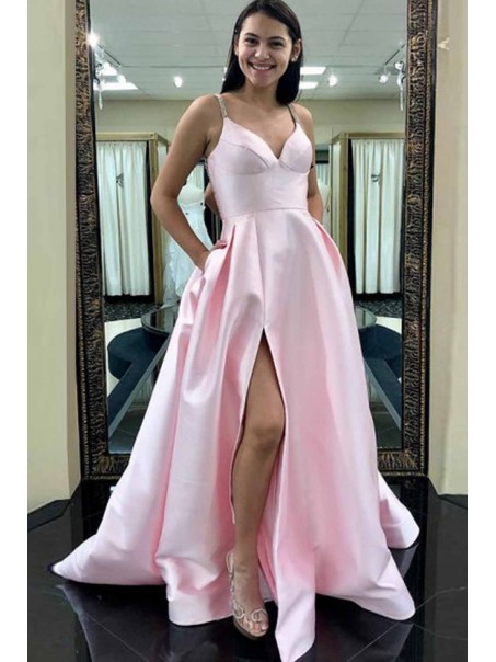 A-Line Long Pink V-Neck Long Prom Dresses Formal Evening Gowns 99501919