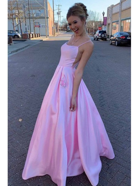 A-Line Spaghetti Straps Satin Long Prom Dresses Formal Evening Gowns 99501927