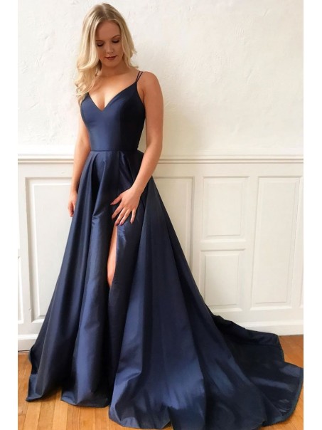 A-Line Long Navy Satin V-Neck Prom Dresses Formal Evening Gowns 99501930