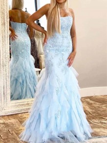 Mermaid Strapless Lace Tulle Long Prom Dresses Formal Evening Gowns 99501943 Mermaid Strapless Lace Tulle Long Prom Dresses Formal Evening Gowns 99501943