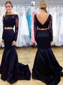Long Sleeves Lace Satin Two Pieces Prom Dresses Formal Evening Gowns 99501959 Long Sleeves Lace Satin Two Pieces Prom Dresses Formal Evening Gowns 99501959