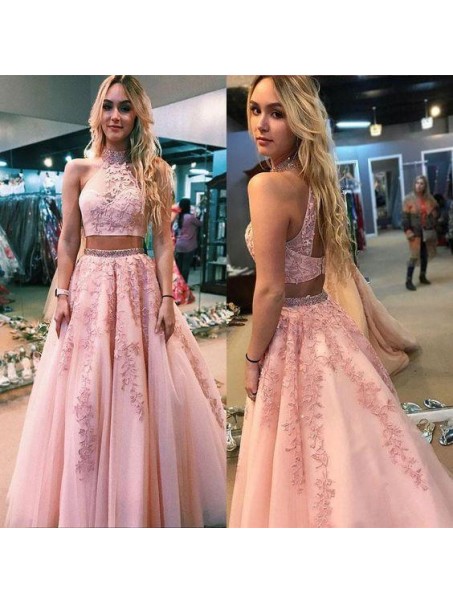 A-Line Beaded Lace Two Pieces Long Prom Dresses Formal Evening Gowns 99501964