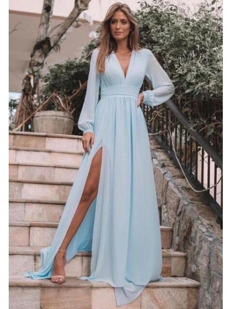 A-Line Chiffon Long Sleeves V-Neck Formal Evening Dresses Party Gowns 99501966 A-Line Chiffon Long Sleeves V-Neck Formal Evening Dresses Party Gowns 99501966