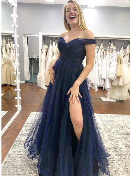 A-Line Off-the-Shoulder Tulle Long Prom Dresses Formal Evening Gowns 99501969