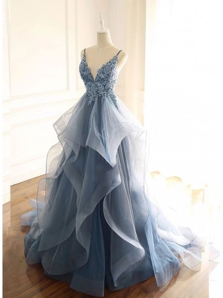 A-Line Tulle Lace Long Prom Dresses Formal Evening Gowns 99501972
