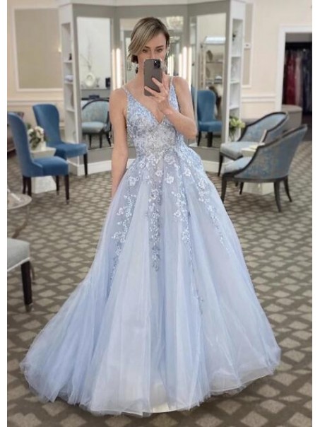 A-Line Tulle Lace V-Neck Long Prom Dresses Formal Evening Gowns 99501973