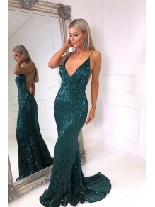 Mermaid Sequins V-Neck Long Prom Dresses Formal Evening Gowns 99501986