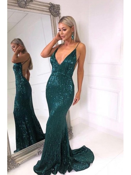 Mermaid Sequins V-Neck Long Prom Dresses Formal Evening Gowns 99501986