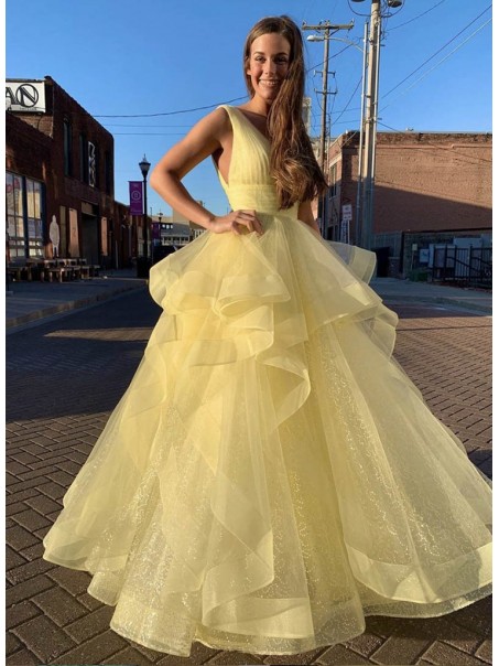 A-Line Long Yellow V-Neck Prom Dresses Formal Evening Gowns 99501994 A-Line Long Yellow V-Neck Prom Dresses Formal Evening Gowns 99501994